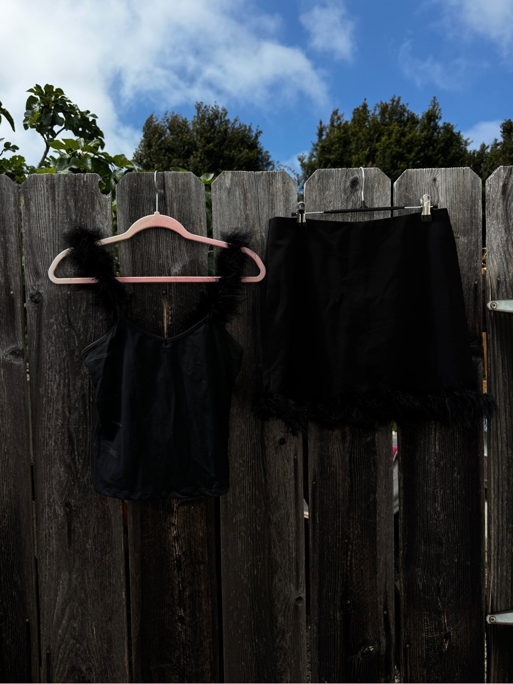 Matching Set Black Mini Skirt Tank Top with Fur Trim Party Outfit